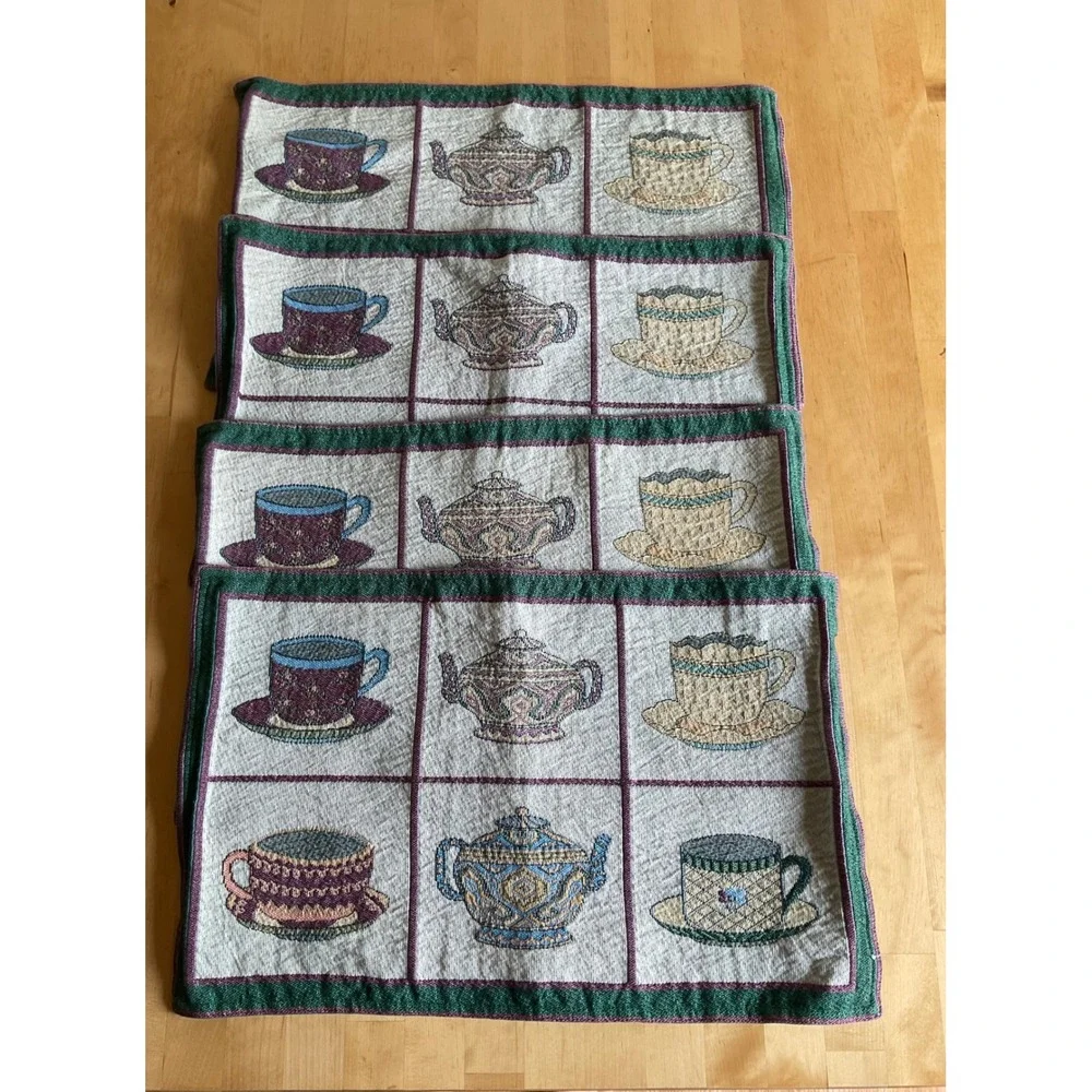Vintage Woven Tapestry Placemats Set 4 Teapot Teacup Tea Time Cottagecore 18x13